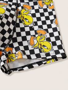 LOONEY TUNES X SHEIN 经典棋盘格黄色小鸟卡通印花男士三角裤，亲肤平角内裤 - 黑與白 - 查看 5