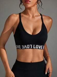 SHEIN Dewbera Women's Letter Print Criss-Cross Back Sports Tank Top - Black - View 5