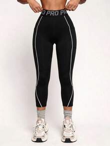 Velisys Velisys Women's Plus Size Letter Waistband Daily Fitness Sports Leggings - Black - View 4
