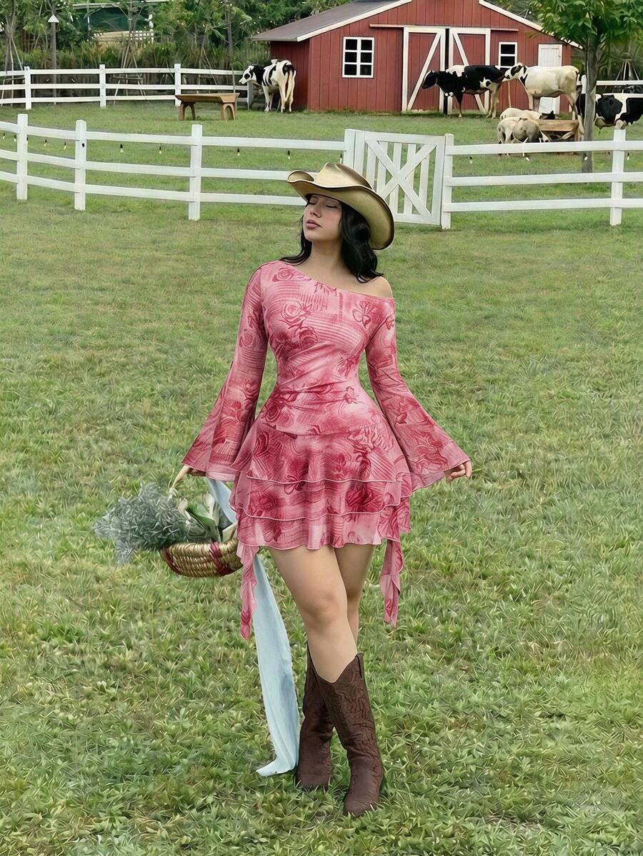 SHEIN MOD Plus Size Women's Pale Pink Floral & Letter Print Long Sleeve Asymmetric Shoulder Ruffle Hem Dress, Vacation Bohemian Hippie Style Country Outfit Fall - Pink - View 1