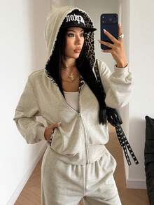 StreetHx Autumn/Winter Minimalist Casual Grey & Leopard Print Loose Hooded Open Front Sweatshirt & Loose Straight Leg Pants Women 2 Pieces Set - Light Grey - View 5