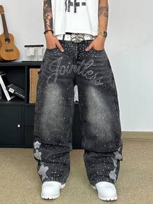 STEELVANCE Celana Jeans Denim Kasual Gaya Jalanan Retro Serbaguna dengan Desain Kumis Kucing dan Rhinestone, Potongan Longgar, Lurus, dan Lebar (Tidak Termasuk Sabuk atau Aksesoris) - Hitam - View 4
