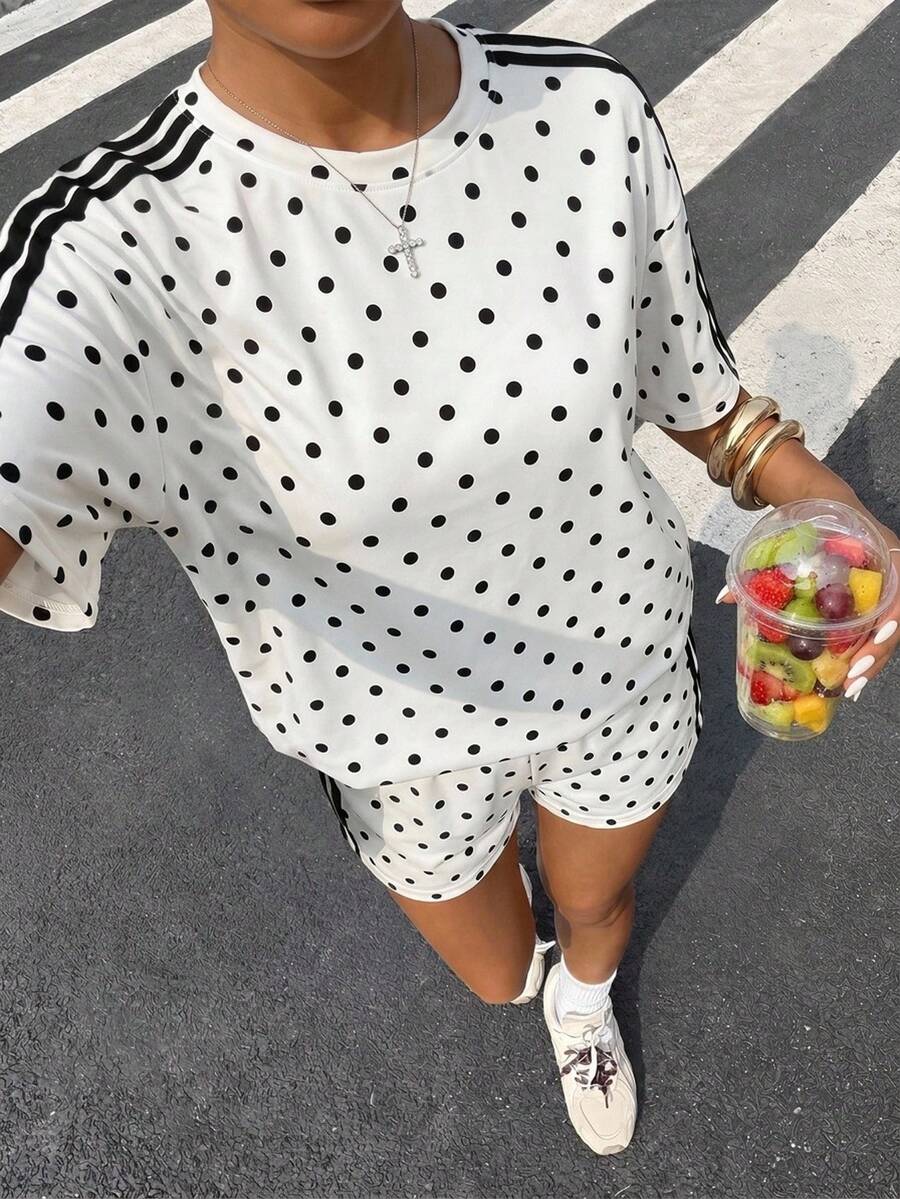 SHEIN Tween Girl Casual Modest Simple Cartoon Pattern Short Sleeve Shorts 2 Pieces Set Suitable For Summer City Break Evening Black And White Polka Dot - Multicolor - View 1