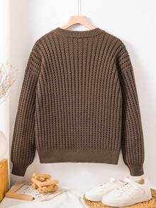 SHEIN Teen Boys' Crew Neck Textured Knit Sweater,Minimalist Solid Color Brown Pullover Top For Autumn - Brown - View 2