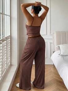 Dazy Plus Striped Slim Fit Camisole Top & Pajama Pants Set, Plus Size Women's Spring/Summer Loungewear - Brown - View 6