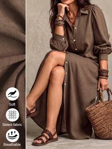 Linhara CURVE Vestido largo de talla grande para mujer, color liso, con solapa y abertura delantera, para primavera/otoño/invierno, uso casual/campestre/diario - Café integral - Ver 3