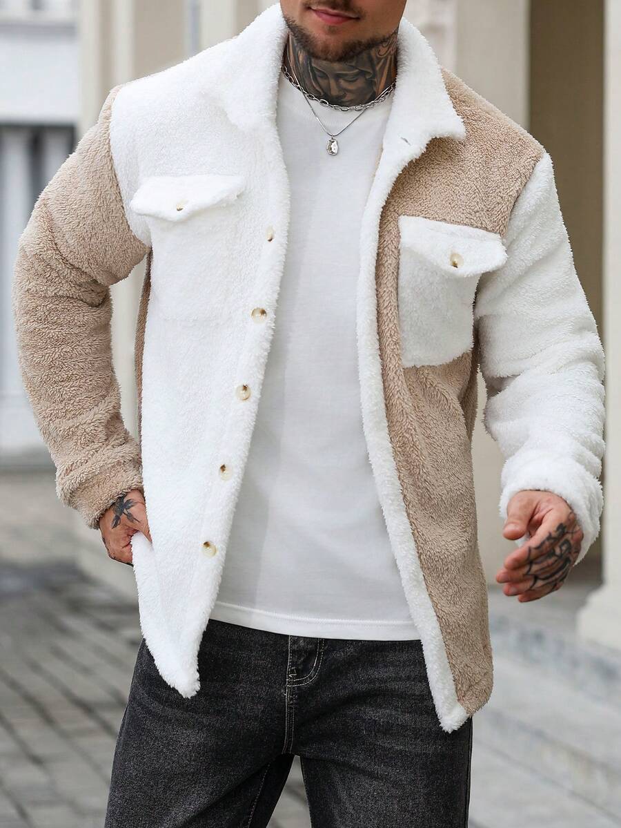 Manfinity Homme Men's Solid Color Contrast Trim Button Front Pocket Furry Long Sleeve Casual Jacket,Turtleneck Men,Men,Flannel Flannel,Winter - Multicolor - View 1