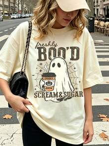 SHEIN LUNE 美式復古做舊幽靈咖啡字母印花短袖女款萬聖節復古休閒圖案T恤 - 卡其色 - 查看 5