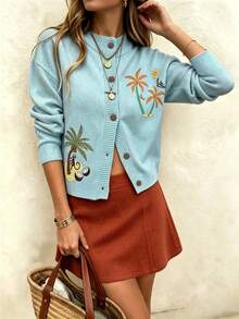 RIVANDRE Vacation Casual Coconut Tree Embroidered Cardigan - Multicolor - View 4