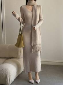 DAZY Solid Color Fitted Long Sleeve Dress, Bodycon Sexy Elegant Vacation Spring Autumn Women's Sweater Dress - Apricot - View 6