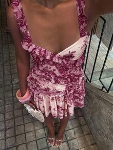SHEIN BAE 女款時尚優雅花卉印花百褶洋裝 - 玫瑰紅 - 查看 6