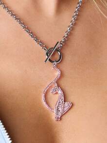 BABYPHAT Rhinestone Butterfly Pendant Necklace Toggle Clasp Rolo Chain Sparkling Crystal Charm Statement Jewelry - Pink - View 2