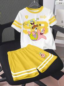 SpongeBob SquarePants | SHEIN Young Boy Cartoon Print T-Shirt And Shorts Set - White - View 1