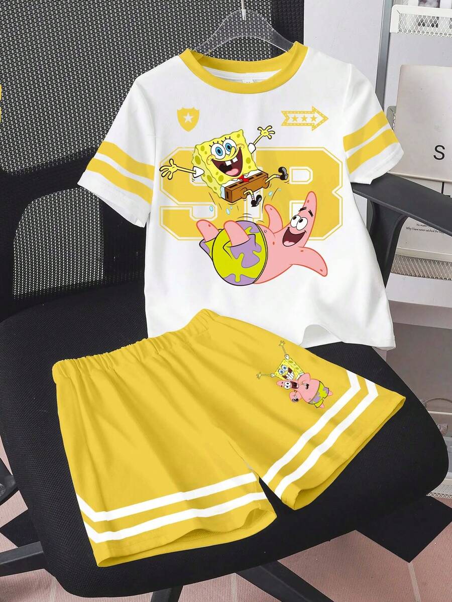 SpongeBob SquarePants | SHEIN Young Boy Cartoon Print T-Shirt And Shorts Set - White - View 1