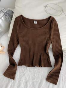 Tween Girls Ribbed Crew Neck Stretch Slim Fit All-Match Versatile Minimalist Long Sleeve T-Shirt, Comfortable - Brown - View 2