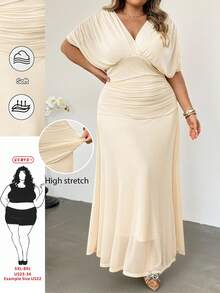 SHEIN CURVE+ 大码舒适休闲优雅度假风褶皱V领弹力腰摆长连衣裙，春夏款 - 杏色 - 查看 1