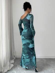 Elenzga Women's Autumn Dark Teal Mesh Printed Asymmetric Neck Long Sleeve Fitted Dress Metal Butterfly Decoration, Dating Night Out Party Sexy Elegant - Dark Green - View 2