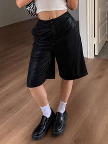 DAZY Women's High Waist Black PU Leather Shorts, Loose Casual Streetwear Commuter Office Pants, Autumn - Black - View 6