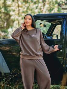 Levarali Women's Plus Size Letter Print Long Sleeve Top And Pants Casual Daily Sports Set Fall - Coffee Brown - View 6