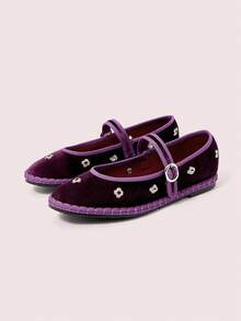 CUCCOO DOLLMOD Women's Shoes New Round Toe Purple Flower Metal Buckle With Versatile Mary Jane Closed Toe Flat Shoes - Purple - View 2