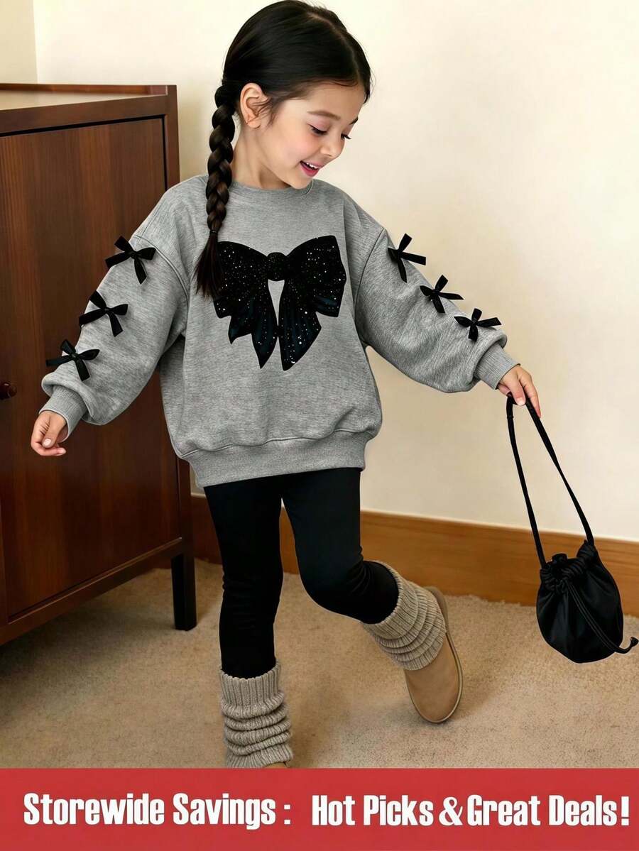 2件套女童休闲心形图案长袖上衣和黑色裤子运动服 - 彩色 - 查看 1