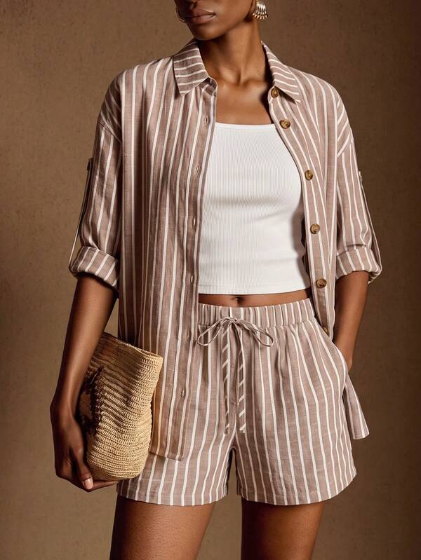 SHEIN Women's French Vintage Minimalist Commuter Casual Comfortable Linen Striped Shirt With Roll-Up Sleeves And Sleeve Tabs, Women's French Vintage Minimalist Commuter Casual Comfortable Linen Striped Light Brown High Waist Pocket Pleated Hem Shorts, Women's Linen Pants Bottoms, Women's Two Pieces Set, Women's Suit, French Vintage Casual Set, Women's Shirt And Shorts Two Pieces Set, Women's All-Season Wear Set, Linen Shorts Set