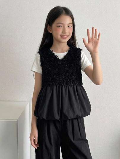 DAZY Sleeveless V-Neck Patchwork Design Vest Outerwear Autumn Girls (Large) Shirt