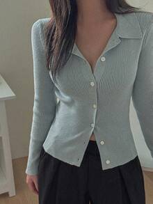 DAZY Women's Solid Color Slim Fit Polo Collar Long Sleeve Casual Streetwear Vacation Spring Autumn Knit Cardigan - Green - View 3