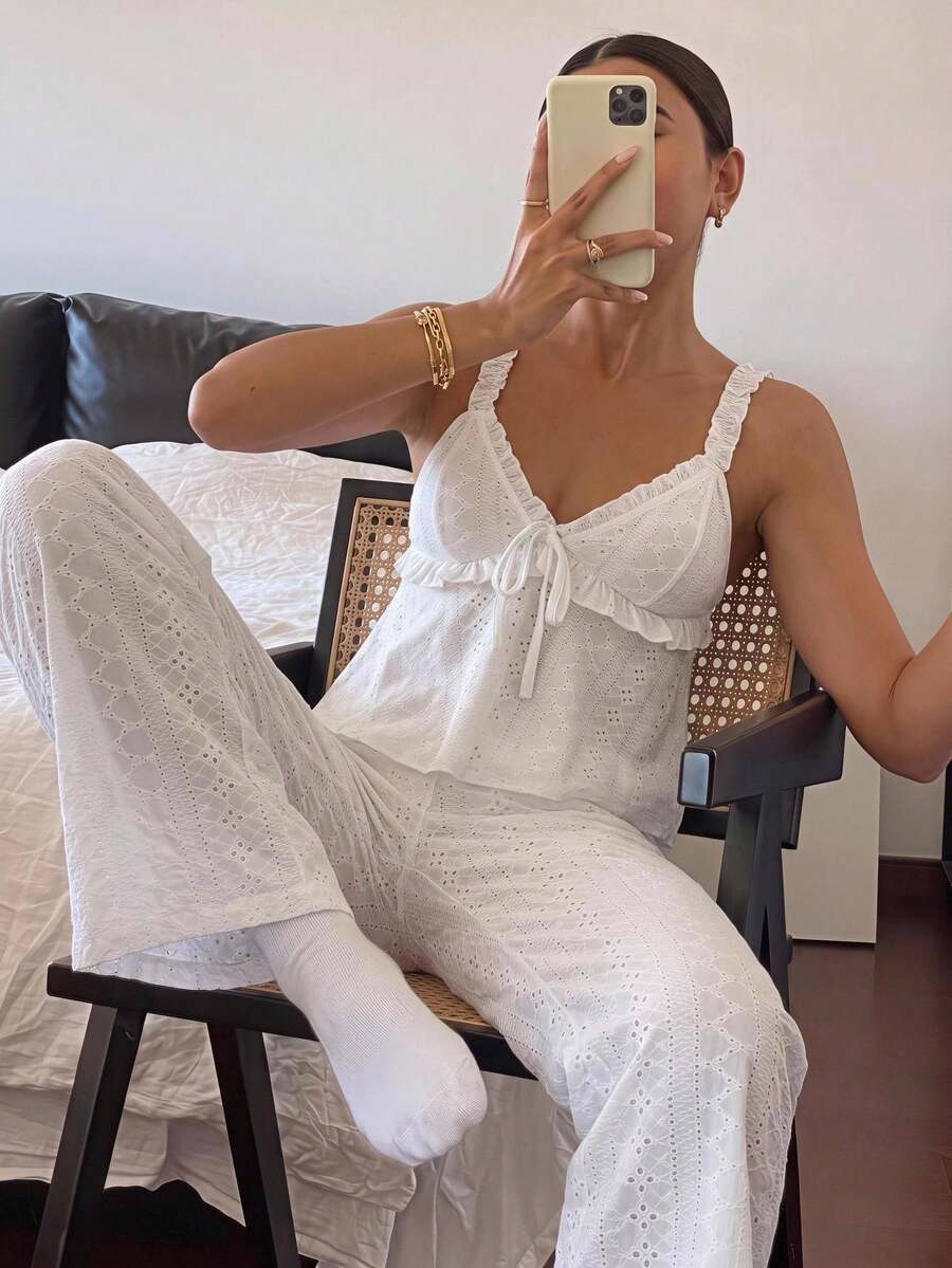 Aloruh Bohemian Jacquard Knit Casual & Romantic Homewear, Ruffle Trim Knit Casual Women Pajama Set