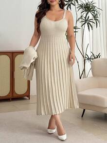 Modelyn Plus Size Women Solid Color Dress And Long Sleeve Cardigan Casual Knit Set - Apricot - View 3