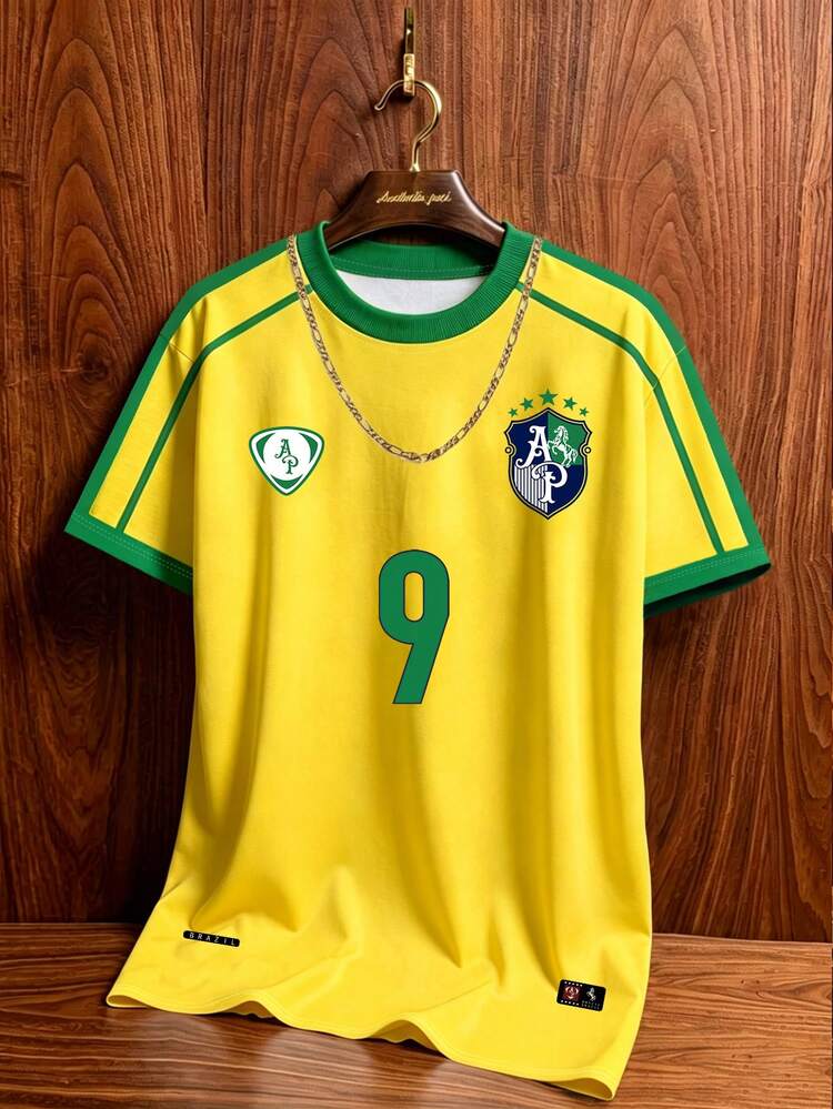 Aesthetic Post Men's Brazil Style Football Jersey,Retro #9 Graphic Tee,Loose Raglan Short Sleeve Contrast Collar&Cuffs,Green And Yellow,Summer,Casual,Cruise,Soccer - Multicolor - View 1