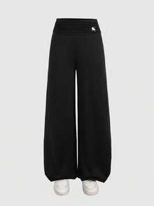 SHEIN 青少年女孩休閒運動日常街頭風抓皺腰精緻馬賽刺繡小Logo黑色直筒針織長褲舒適返校穿搭童裝 - 黑色 - 查看 3