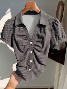 Comfortcana Women's Casual Ruched Short Sleeve Striped Shirt, Commute, Summer Clothing, Streetwear, Suitable For Daily Commute, Dating, Gathering, Autumn/Winter, Summer, Party, Wedding, Beach, Graduation Ceremony, Elegant, Casual, Outing, Y2K, Music Festival Outfit, Holiday Clothing, Back To School Outfit - Multicolor - View 7