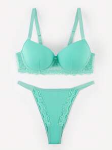 Bralution Conjunto de lencería sexy para uso diario para mujer talla grande con sujetador de tirantes ajustables con ribete de encaje y braguita triangular - verde menta - Ver 11