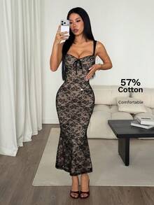 SHEIN PETITE 夏季性感蕾絲魚尾修身洋裝 - 黑色 - 查看 6