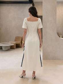 Rue Lumi Women's Casual Digital Coconut Tree Print V-Neck A-Line Long Dress - Apricot - View 3