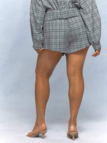 MUSERA Plus Size Cheque Print Shorts Summer Vacation Holiday Elegant Casual Girly Everyday Cute Soft Social Brunch Grey Club - Multicolor - View 5