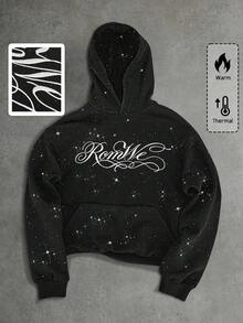 ROMWE MEN Essentials 男士藝術字體印花重磅水鑽裝飾街頭風嘻哈連帽衫 - 黑色 - 查看 6