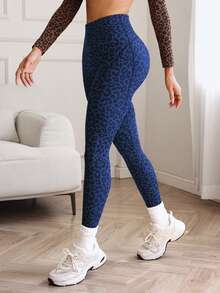 Slayform Slayform 1 Peça Legging Cropped Feminina Sem Costura Sexy com Estampa de Leopardo e Linhas que Valorizam as Pernas para Corrida, Fitness, Yoga e Exercícios - Azul Marinho - Visão 3