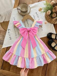 SHEIN LMoss Kids 女嬰可愛夏季蝴蝶結條紋荷葉袖洋裝 - 粉色 - 查看 2