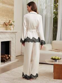 Moireta French Elegant Romantic Lace Contrast Color Women's Satin Pajama Set - Apricot - View 2