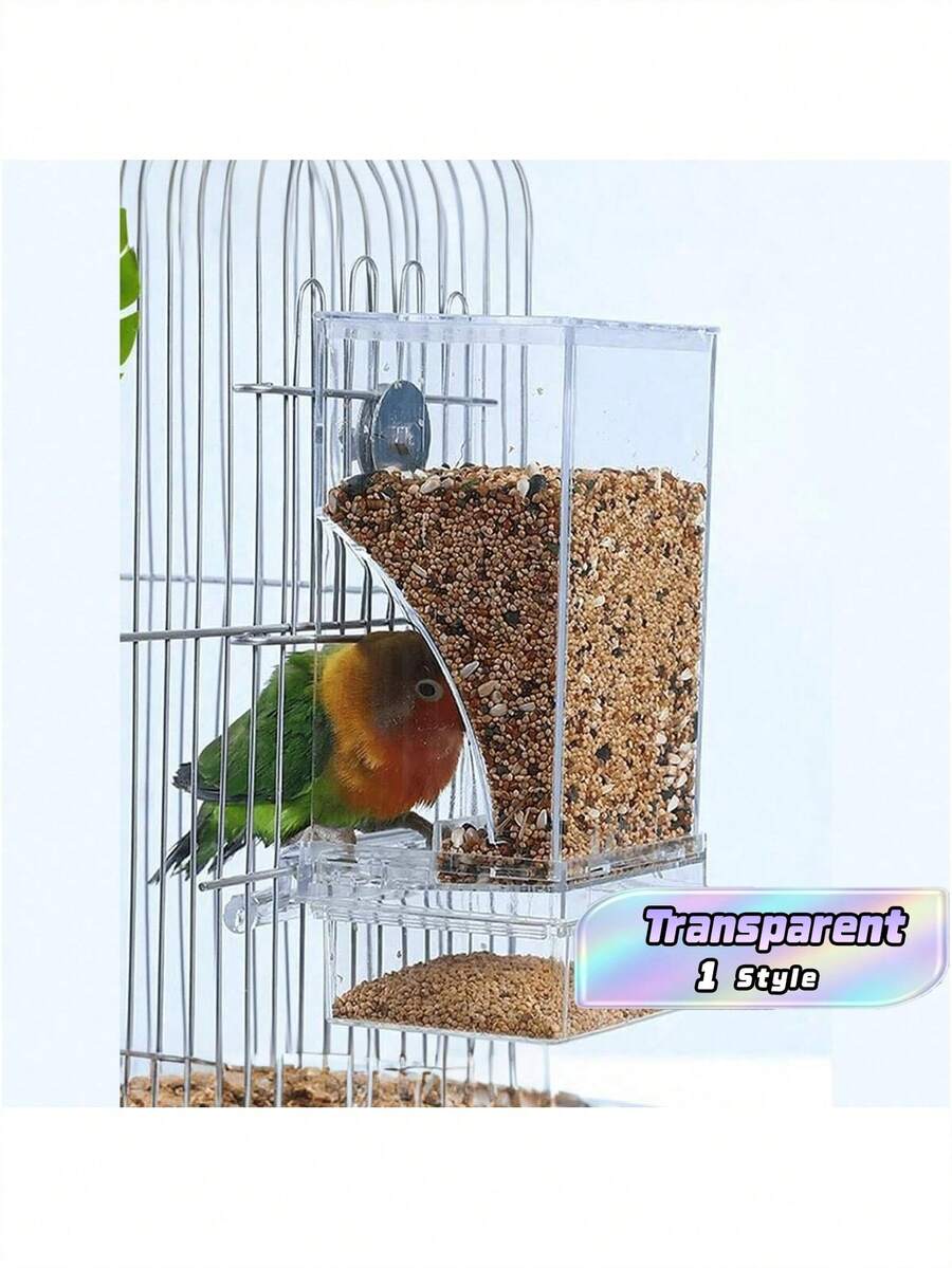 1pc Transparent Automatic Bird Feeder, Made Of Acrylic (PMMA) Material, Cage Style, Battery-Free, Splash-Proof Design, Suitable For Parrots And Medium-Sized Birds - transparent - View 1