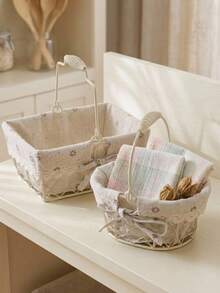 Haus Hana 1PC Rustic Farmhouse Wire Storage Basket With Handle Metal Iron Frame With Floral Linen Liner Lace Bow Decor Removable Lining Multi-Purpose Organizer Bin For Sundries Snacks Cosmetics Ideal For Home Kitchen Bathroom Picnic Perfect Gift - Multicolor - View 2