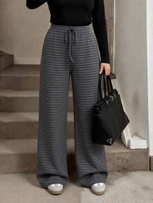 Lacomfia Autumn/Winter Striped Casual Elegant Cinched Waist Versatile Loose Knit Textured Plus Size Women's Long Pants - Multicolor - View 1