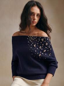 Anewsta 女款露肩聖誕優雅珠飾冬季針織毛衣 - 藏蓝色 - 查看 8