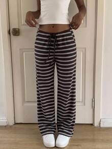 CovetEZ Women's Drawstring Waist Striped Casual Versatile Daily Travel Long Pants - Brown - View 2