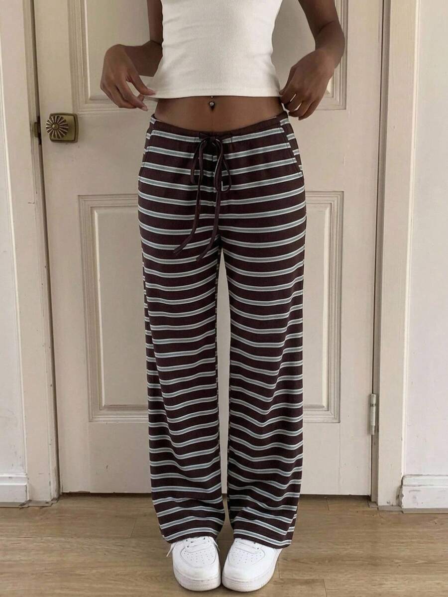 CovetEZ Women's Drawstring Waist Striped Casual Versatile Daily Travel Long Pants