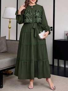 Reflora Plus Size Vacation Fashion Lace Patchwork Flared Cuff Button Dress Autumn Formal Wedding Dinner Dark Green Elegant Asean Filipiniana - Green - View 6