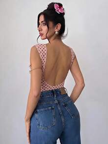 Firerie 女款優雅浪漫時尚通勤性感風波點印花露背連身衣，適合派對、度假 - 淺粉色 - 查看 8