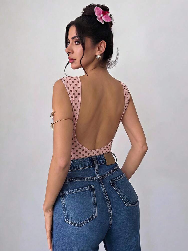 Firerie Women's Elegant Romantic Fashion Commute Sexy Elegant Style Polka Dot Print Backless Bodysuit, Suitable For Party, Vacation - Baby Pink - View 8